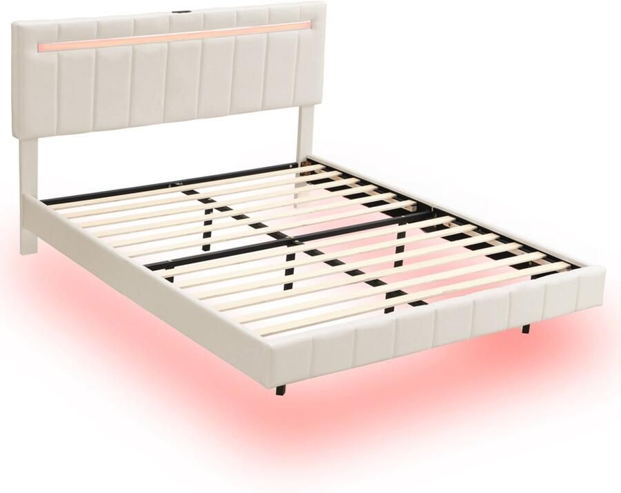 Gestoffeerd tweepersoonsbed 160x200cm zonder matras met veranderbare LED-verlichting verticale streepdecoratie verborgen zwevende poten huidvriendelijk zacht linnen Beige