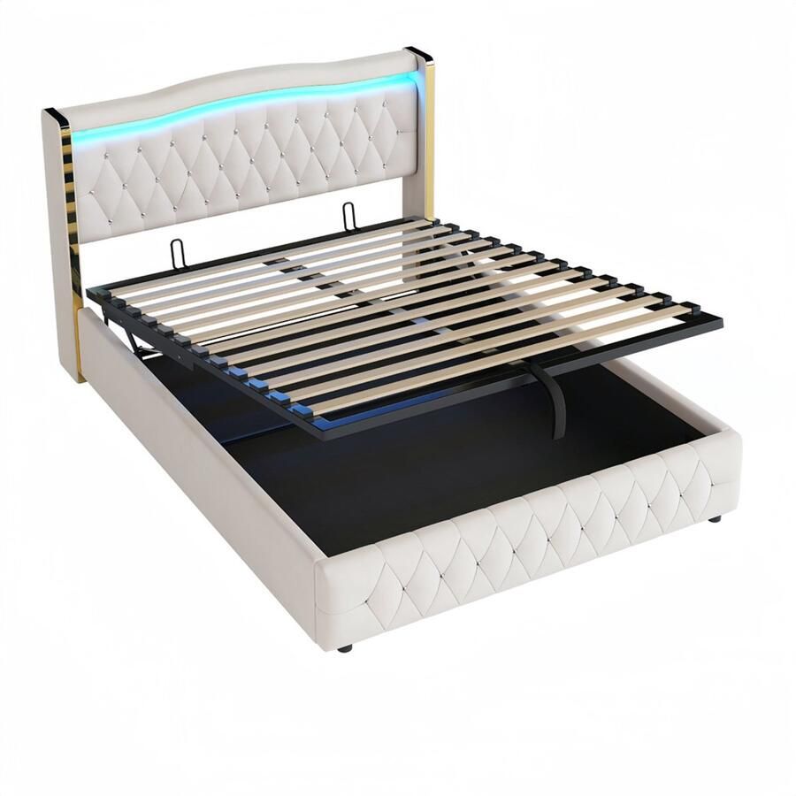 Gestoffeerd tweepersoonsbed 160x200cm zonder matras met verstelbare LED-verlichting en hydraulische opbergruimte modern strak design met gouden lijnen en lichte nepdiamantdecoratie Beige