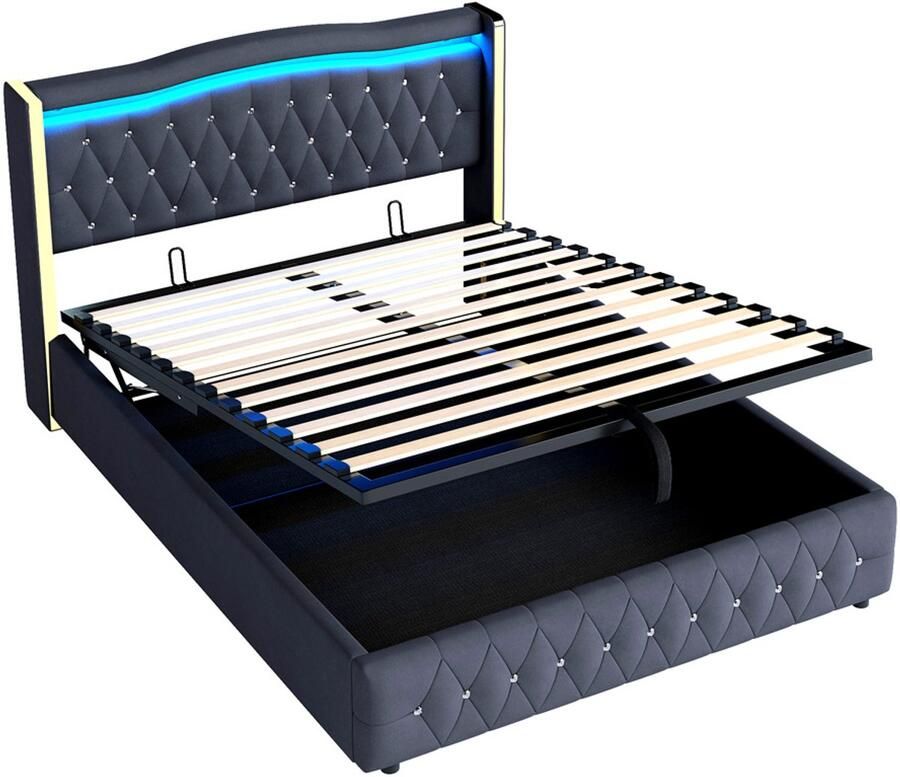 Gestoffeerd tweepersoonsbed 160x200cm zonder matras met verstelbare LED-verlichting en hydraulische opbergruimte modern strak design met gouden lijnen en lichte nepdiamantdecoratie Zwart