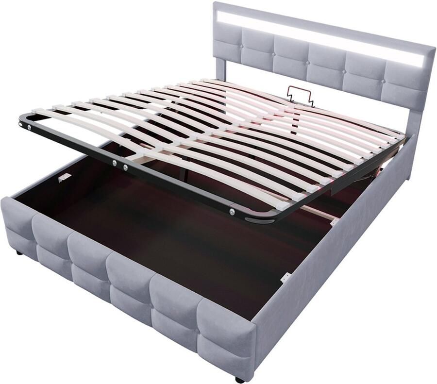 Gestoffeerd tweepersoonsbed 180x200cm zonder matras met verstelbare LED-verlichting en hydraulische opbergruimte geruite knoopdecoratie zacht en huidvriendelijk fluweel stof grijs