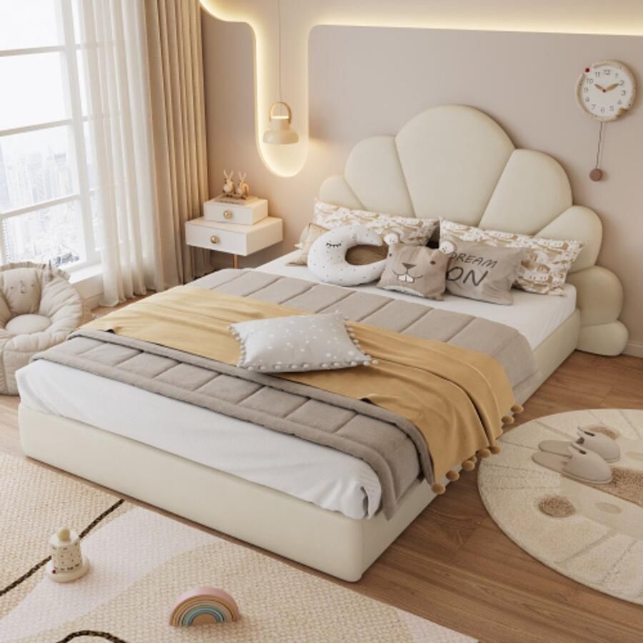 Merlooks Tweepersoonsbed Gestoffeerd bed hoofdbord met gebogen bloemblaadjes eenvoudig stijlvol en comfortabel modern bedframe fluweel beige 140x200cm