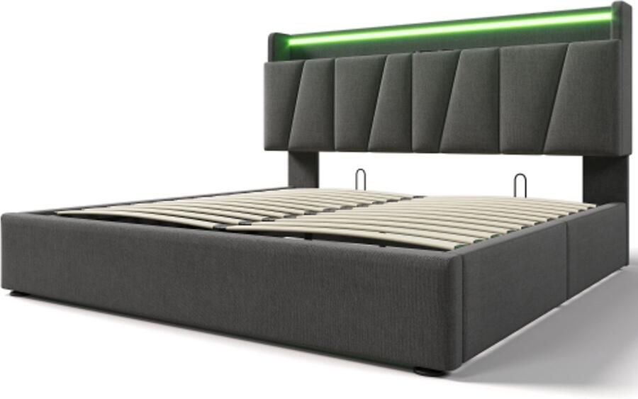 Gestoffeerd tweepersoonsbed met USB-oplaadfunctie opberghoofdeinde en ledverlichting tweepersoonsbed 140x200cm opbergbedframe houten lattenbodem grijs (zonder matras)