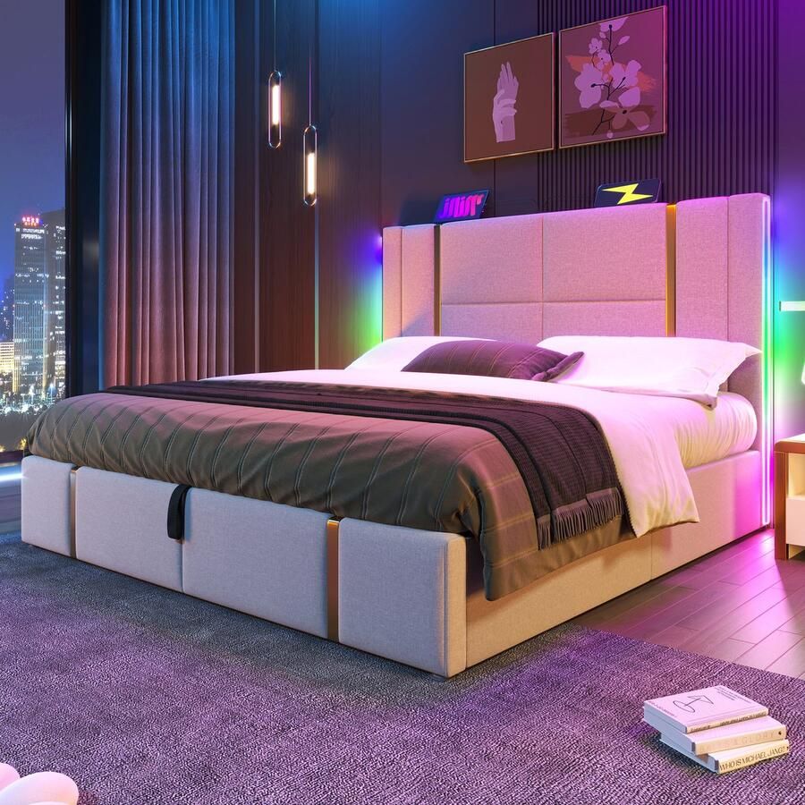 Gestoffeerd tweepersoonsbed met USB Type-C-oplaadfunctie app-bediening led-verlichting 180x200 cm bedframe met opbergruimte houten lattenbodem beige linnen materiaal (matras niet inbegrepen)