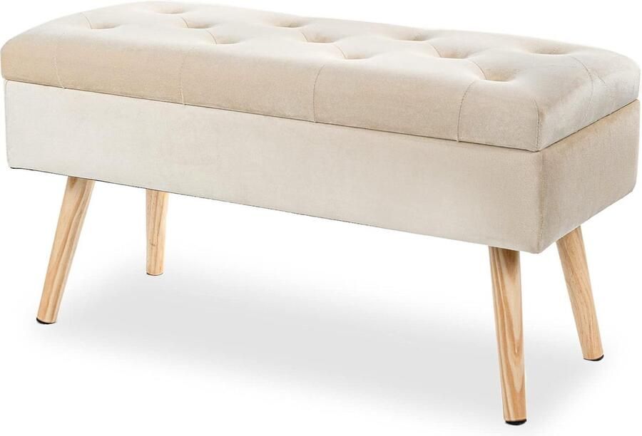Gestoffeerde bank met opbergruimte gestoffeerde bank met fluwelen opbergdoos voetenbank met houten poten voor hal woonkamer slaapkamer 80 × 35 × 43 cm crème