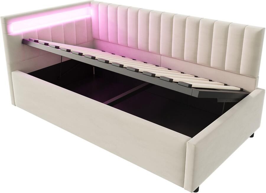 Gestoffeerde bedbank 90x200 cm zonder matras met kleurveranderende LED-verlichting en hydraulische opbergruimte klassieke verticale streep rugleuning verwisselbare zij-bedhoofdborden huidvriendelijke zachte fluwelen stof Beige