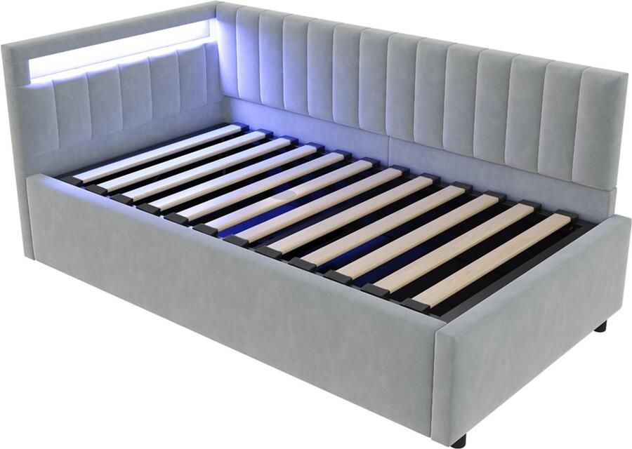 Gestoffeerde bedbank 90x200 cm zonder matras met kleurveranderende LED-verlichting en hydraulische opbergruimte klassieke verticale streep rugleuning verwisselbare zij-bedhoofdborden huidvriendelijke zachte fluwelen stof lichtgrijs