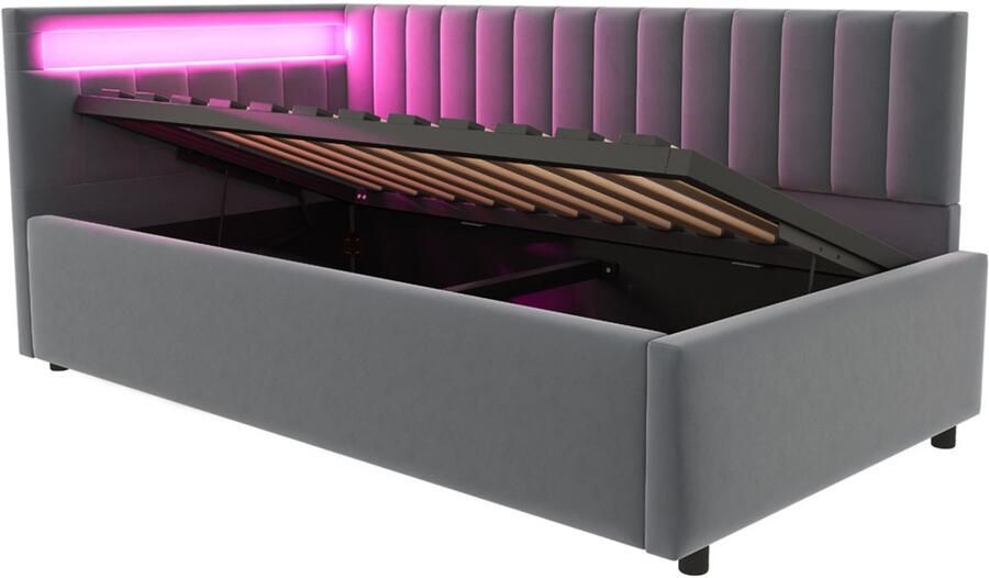 Gestoffeerde bedbank 90x200 cm zonder matras met kleurveranderende LED-verlichting en hydraulische opbergruimte klassieke verticale streep rugleuning verwisselbare zij-bedhoofdborden huidvriendelijke zachte fluwelen stof donkergrijs