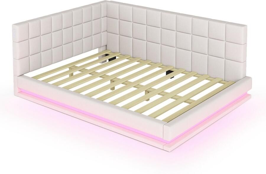 Gestoffeerde bedbank slaapbank 140x200cm zonder matras met verstelbare LED-verlichting en oplaadpoort rugleuning met blokpatroon huidvriendelijk zacht fluwelen stof beige