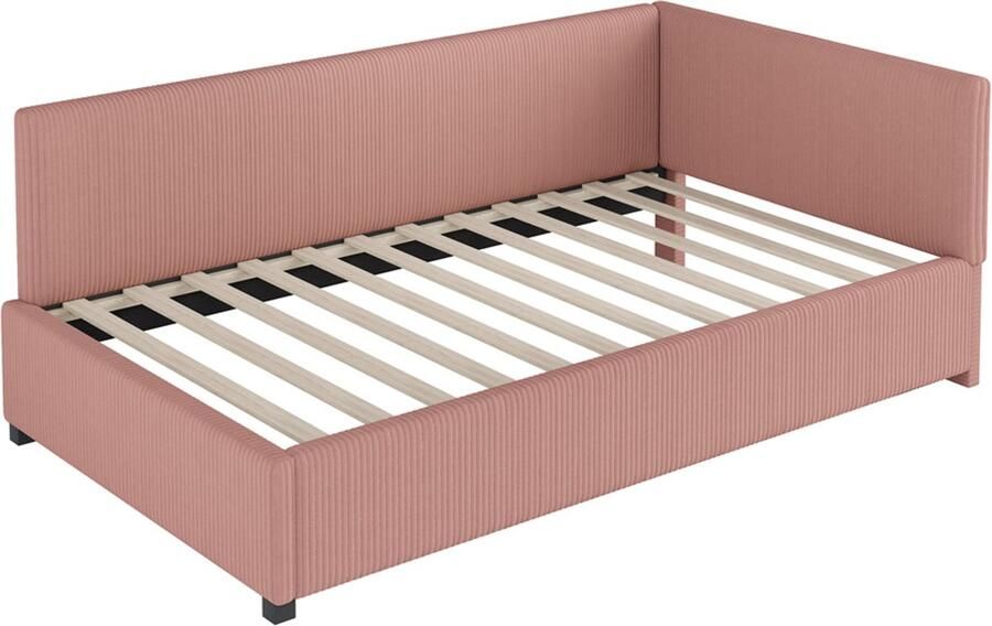Gestoffeerde bedbank slaapbank 90x200cm zonder matras met stijlvol verticaal gestreept design dikke zachte schuimvulling huidvriendelijk zacht fluwelen stof roze
