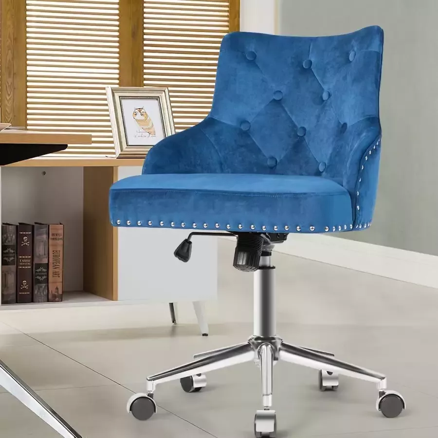 Furnibella Gestoffeerde bureaustoel in hoogte verstelbare draaistoel fluwelen accent fauteuil 360° draaibare ontvangststoel verstelbare bureaustoel voor woonkamer slaapkamer studeerkamer (Blauw)