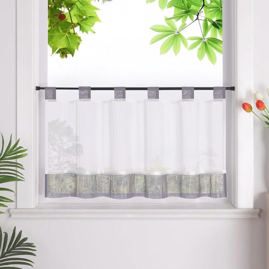 Halftransparante Vitrage Gordijnen met Lussen Korte Linnen Gordijnen in Grijs Maten En Kleuren