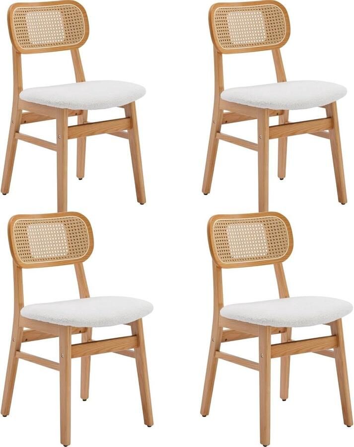 Gestoffeerde Eetkamerstoelen Set van 4 Retro Rotan Keukenstoelen met Houten Poten Beige Sherpa Bekleding