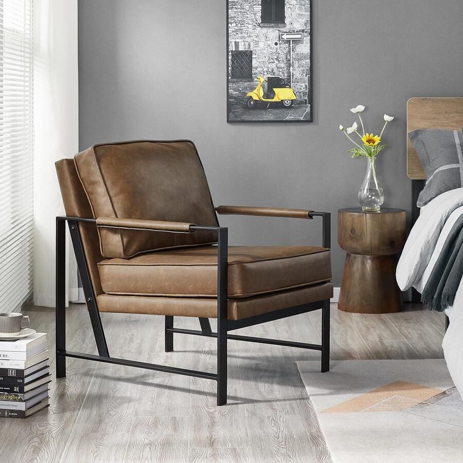 Gestoffeerde fauteuil leunstoel relaxstoel retro-stoel loungestoel enkele stoel met metalen frame en kunstleer