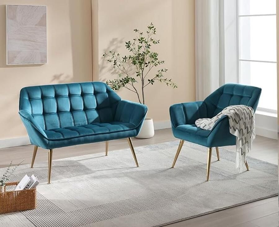 Gestoffeerde fluwelen kuipstoel – Moderne accent fauteuil met metalen poten voor woonkamer (Blauw-1)
