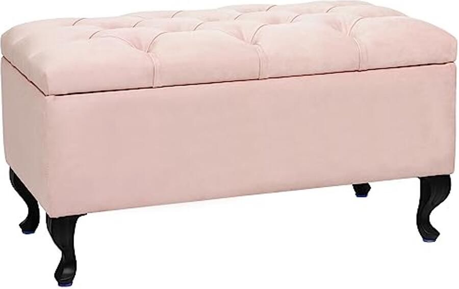Gestoffeerde Hocker met Opbergruimte voor Woonkamer Hal Slaapkamer 81x42 cm Roze met Zwarte Poten