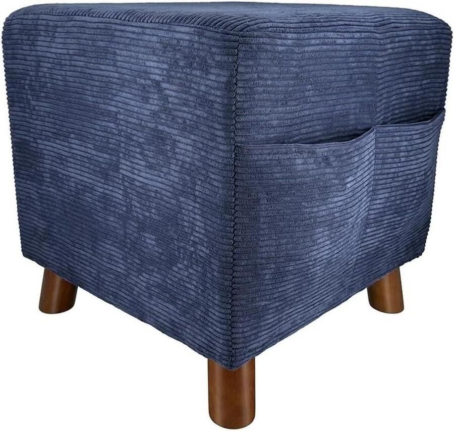 Gestoffeerde kruk corduroy design blauw zitkubus kruk houten poten zijzakken krant afstandsbediening vierkant 40 x 40 cm hoogte 40 cm comfortabel praktisch