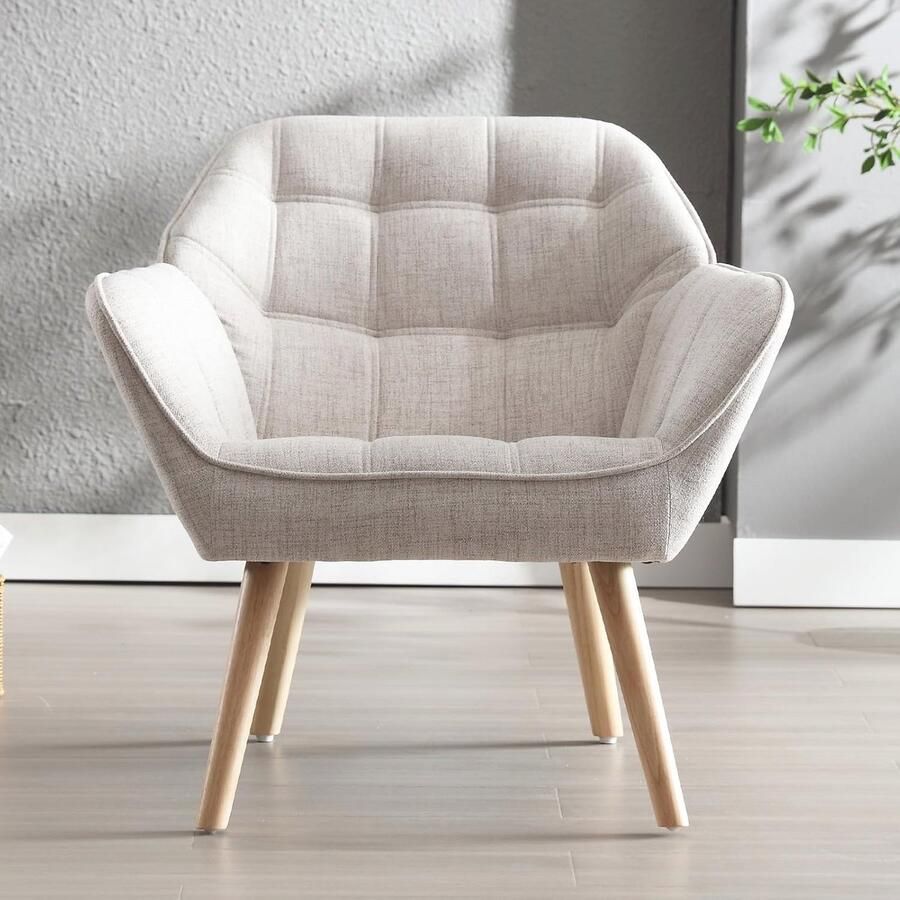 Gestoffeerde kuipstoel voor woonkamer Moderne accentstoel met houten poten (beige)