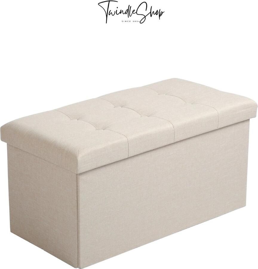 Woltu TwindleShop Woltu Gestoffeerde Ottomaanse Bank Opvouwbaar Opbergbank Met Deksel Opbergkist Cream linnen L 76 x B 38 x H 38 cm