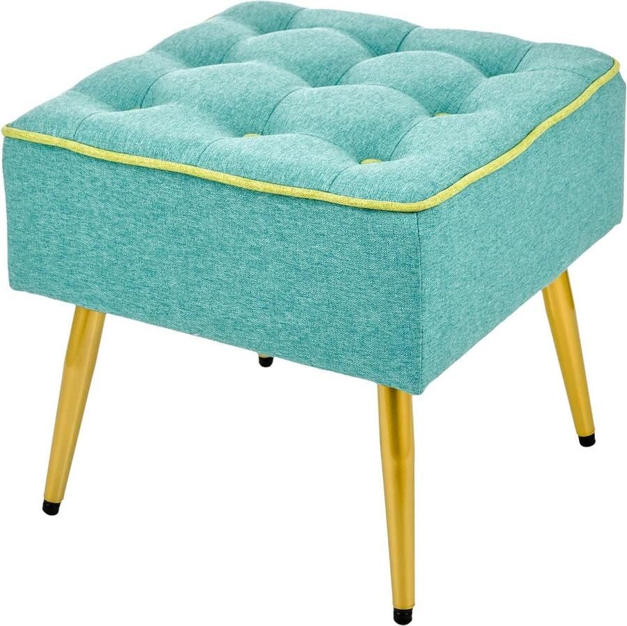 Gestoffeerde poef vierkant kruk natuurlijk hout voetenbank 40 x 40 x 35 cm turquoise groene rand