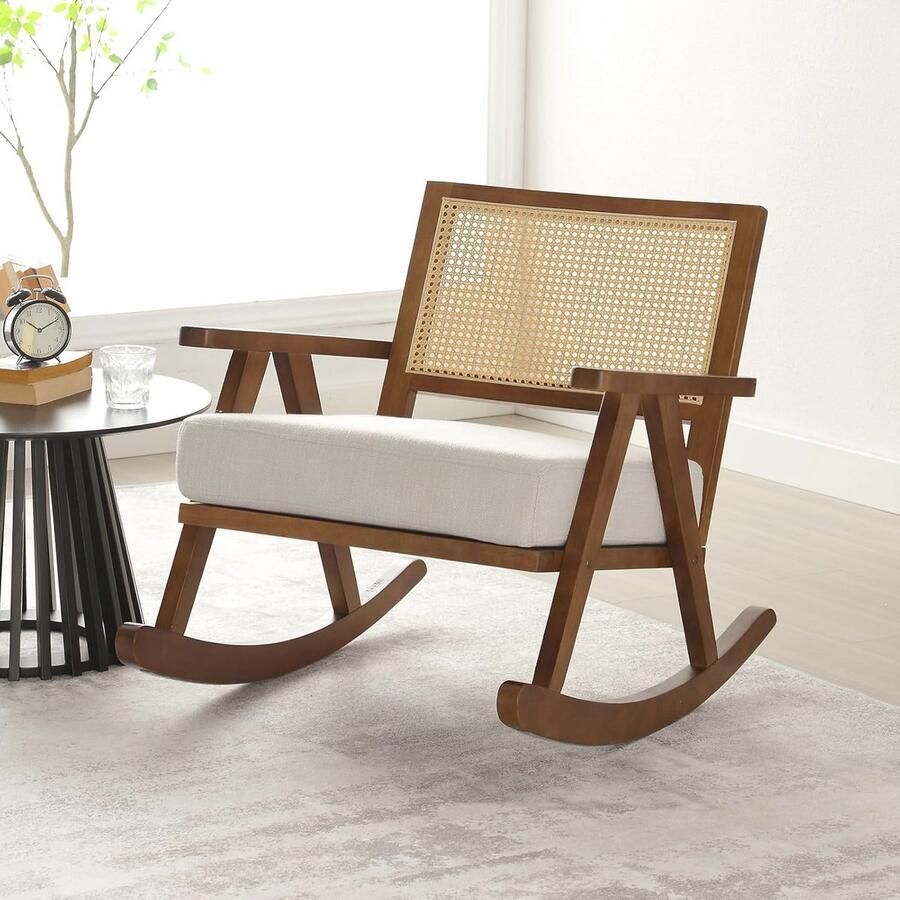 Gestoffeerde Schommelstoel met Rotan Rugleuning Comfortabele Relaxstoel voor Woonkamer en Slaapkamer