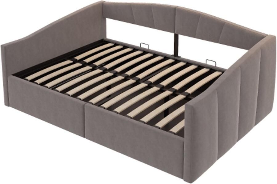 Gestoffeerde slaapbank 140x200 cm met hydraulische ondersteuning met lattenbodem en armleuningen klassiek gestreept multifunctioneel eenpersoonsbed fluwelen stof grijs