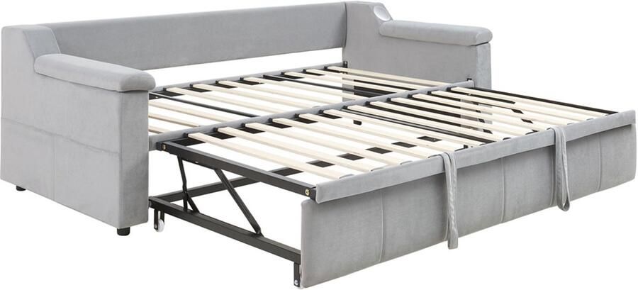 Gestoffeerde slaapbank 90 180x190 cm zonder matras met extra dikke en brede armleuningen oplaadpoort en luidspreker huidvriendelijke zachte fluwelen stof modern strak ontwerp Lichtgrijs