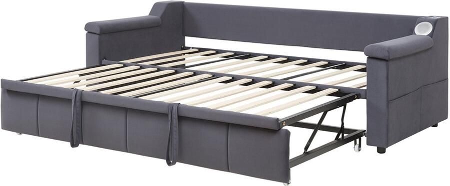 Gestoffeerde slaapbank 90 180x190 cm zonder matras met extra dikke en brede armleuningen oplaadpoort en luidspreker huidvriendelijke zachte fluwelen stof modern strak ontwerp donkergrijs