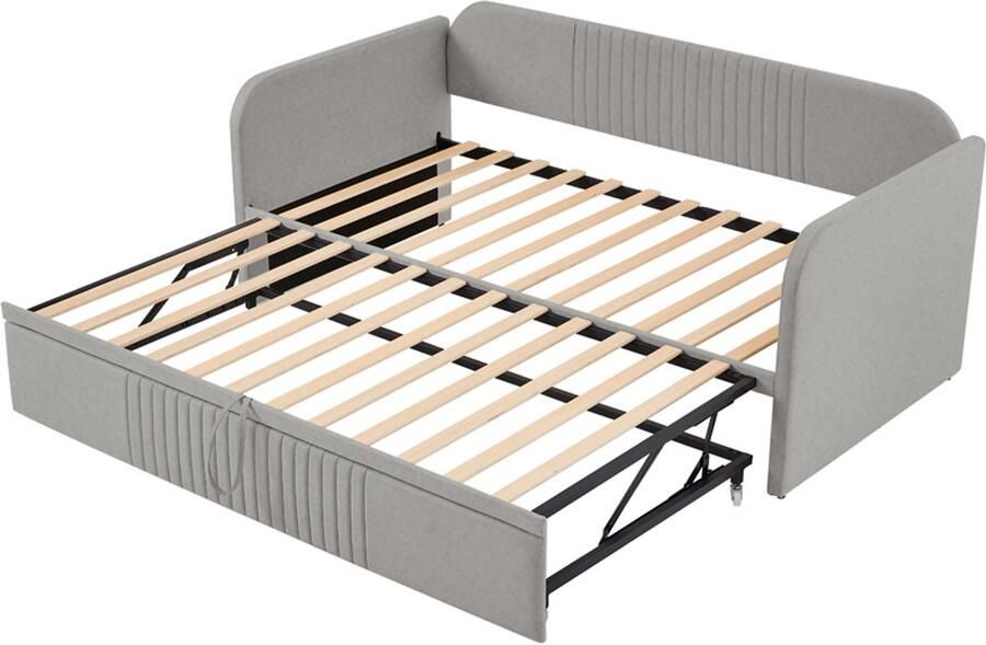 Gestoffeerde slaapbank 90 180x190cm zonder matras met uittrekbaar bed klassiek stijlvol verticaal gestreept decoratief ontwerp multifunctioneel meubel als sofa en bed ademend comfortabel linnenmateriaal lichtgrijs