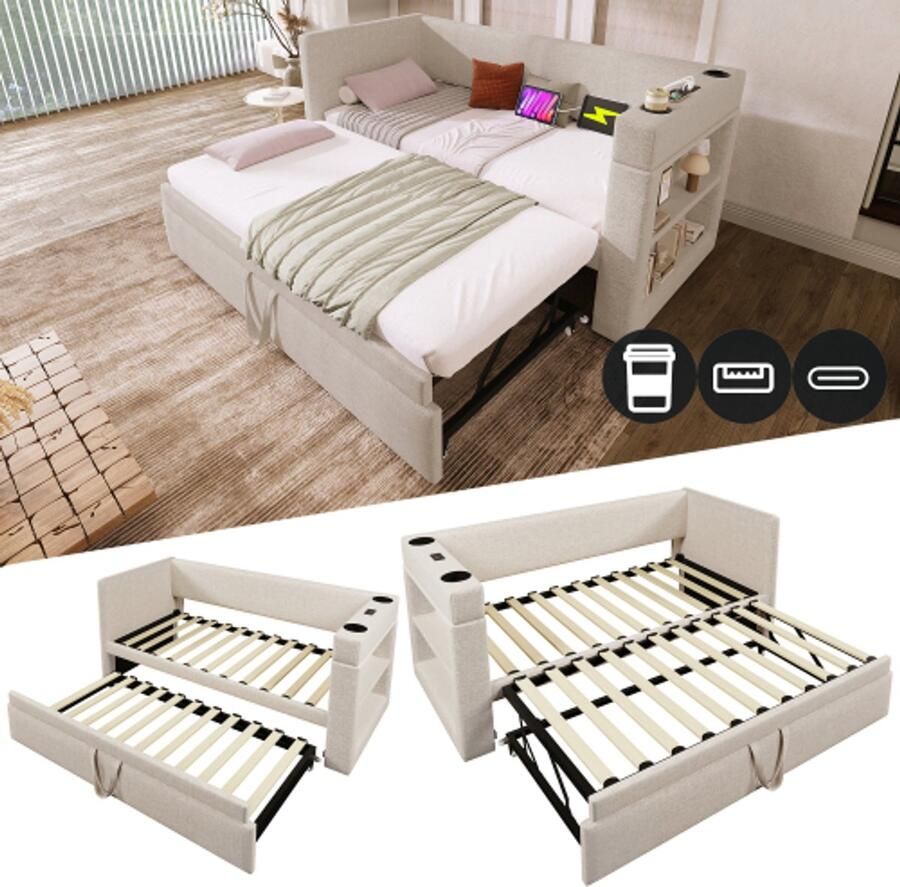 Gestoffeerde slaapbank 90x190 cm eenpersoons slaapbank met uitschuifbed armleuningen met USB- en Type-C-oplaadpoorten en bekerhouders linnenmix beige zonder matras