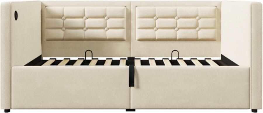 Gestoffeerde slaapbank 90x200 cm eenpersoons slaapbank met hydraulische opbergruimte en USB & Type-C oplaadstation logeerbed met houten lattenbodem beige fluweel zonder matras