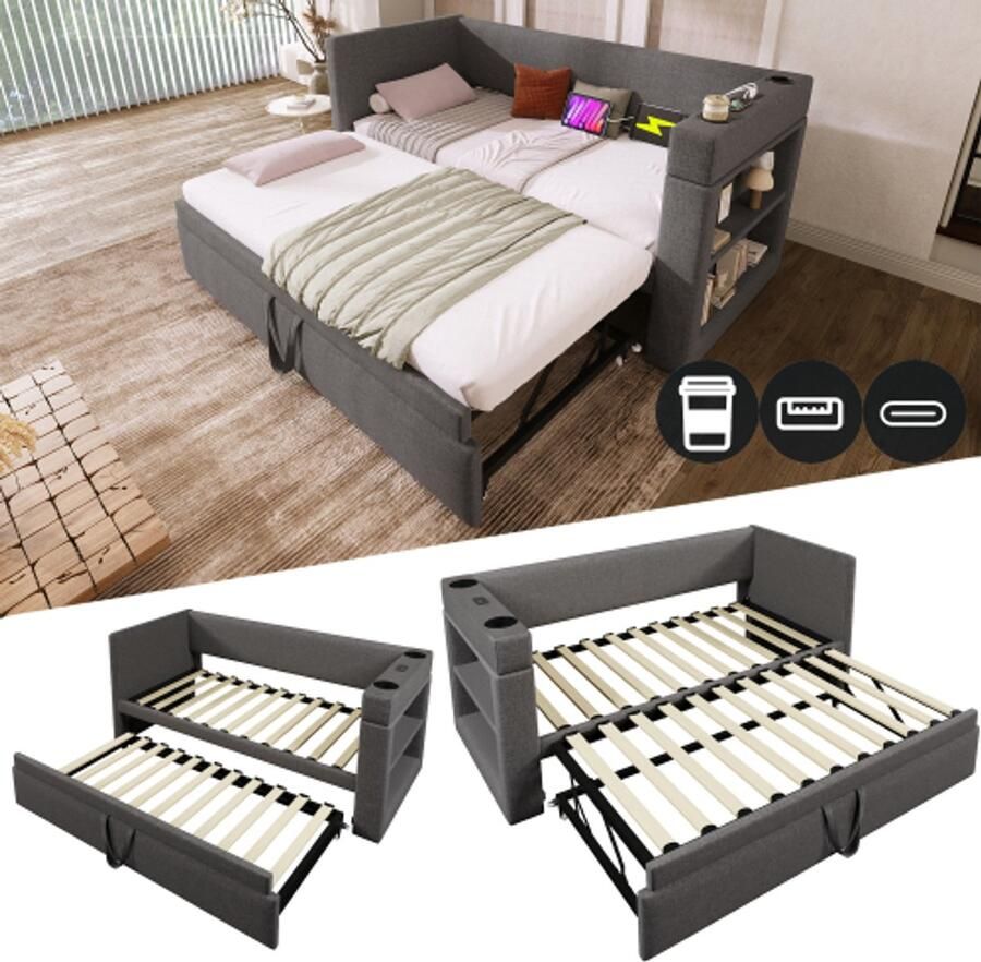 Gestoffeerde slaapbank 90x190 cm eenpersoons slaapbank met uitschuifbed armleuningen met USB- en Type-C-oplaadpoorten en bekerhouders linnenmix grijs zonder matras