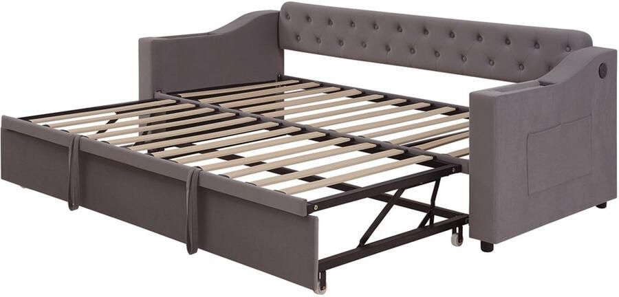 Gestoffeerde slaapbank Bedbank 90 180x190 cm zonder matras met extra dikke ingebouwde opbergruimte in de armleuningen oplaadpoort en opbergtas huidvriendelijke zachte fluwelen stof donkergrijs