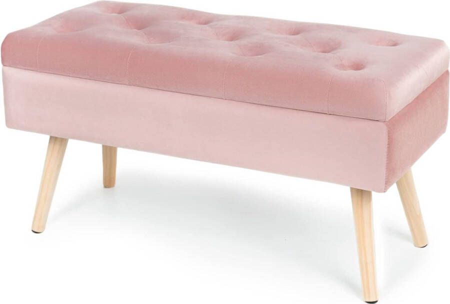 Gestoffeerde zitbank met opbergruimte gestoffeerde bank met fluwelen opbergdoos make-uptafel stoel voetenbank met houten poten voor hal woonkamer slaapkamer 80 × 35 × 43 cm roze