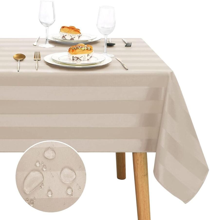Gestreept tafelkleed beige waterafstotend 135 x 200 cm