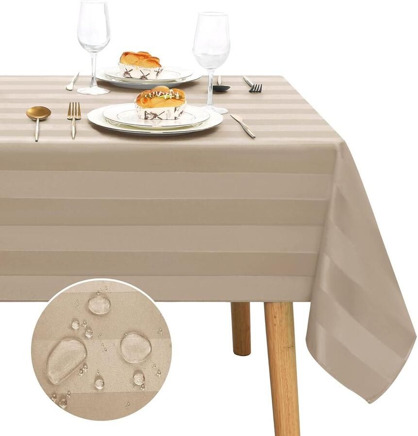 Gestreept tafelkleed waterafstotend 1 stuk kaki polyester 110 x 140 cm