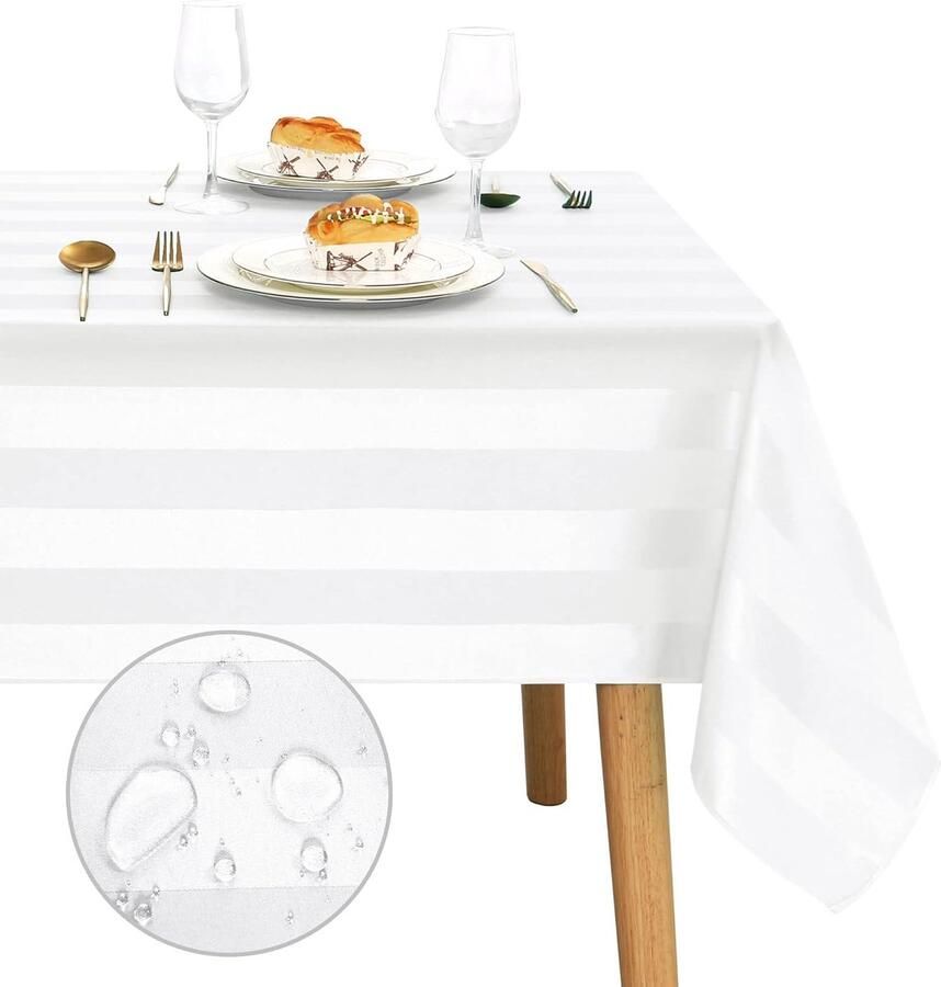 Gestreept tafelkleed waterafstotend 1 stuk wit