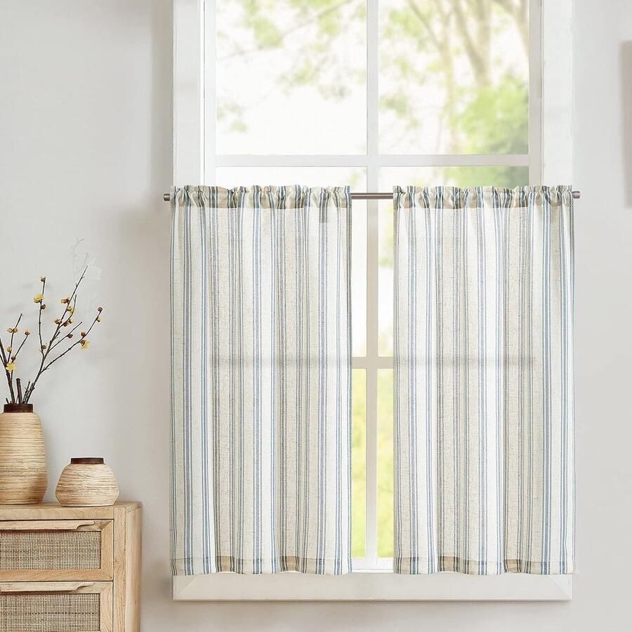 Gestreept Vitrage Gordijn voor Kleine Ramen Half-Transparante Keuken en Woonkamer Raamsjaal 65x90cm 2 Stuks