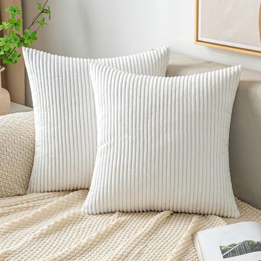 Gestreepte Corduroy Kussenslopen Zachte Sham voor Sofa Bank Slaapkamer Decor 18x18 Inch Set van 2 Offwhite Gebroken Wit