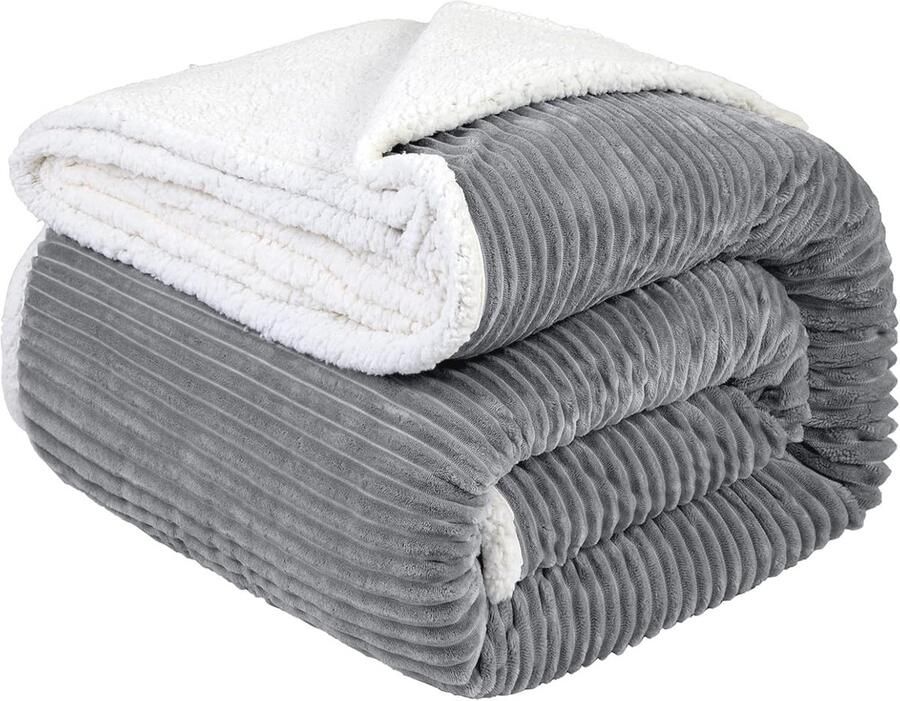 Gestreepte Sherpa en Fleece Deken voor Bed en Bank – Super Zacht en Warm Pluche – Dubbelzijdig Luxe Dekbed (90 x 104)