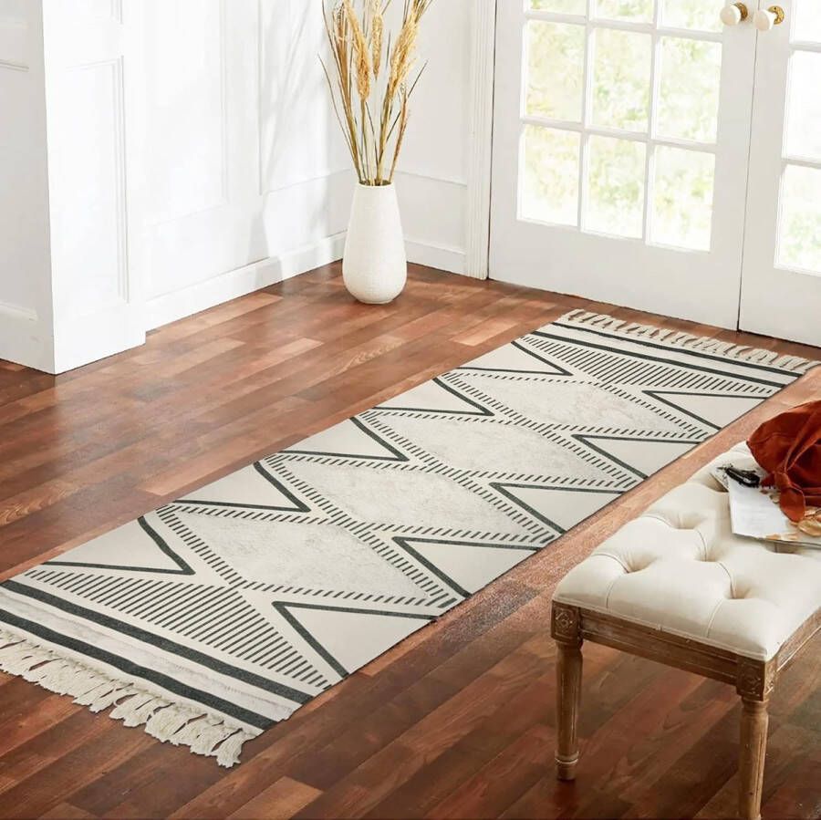 Getuft katoenen tapijt 60 x 180 cm katoenen tapijten met kwastjes Boho geometrisch bedrukte tapijten wasbaar vloerkleed runner hal tapijt voor slaapkamer keuken wasruimte