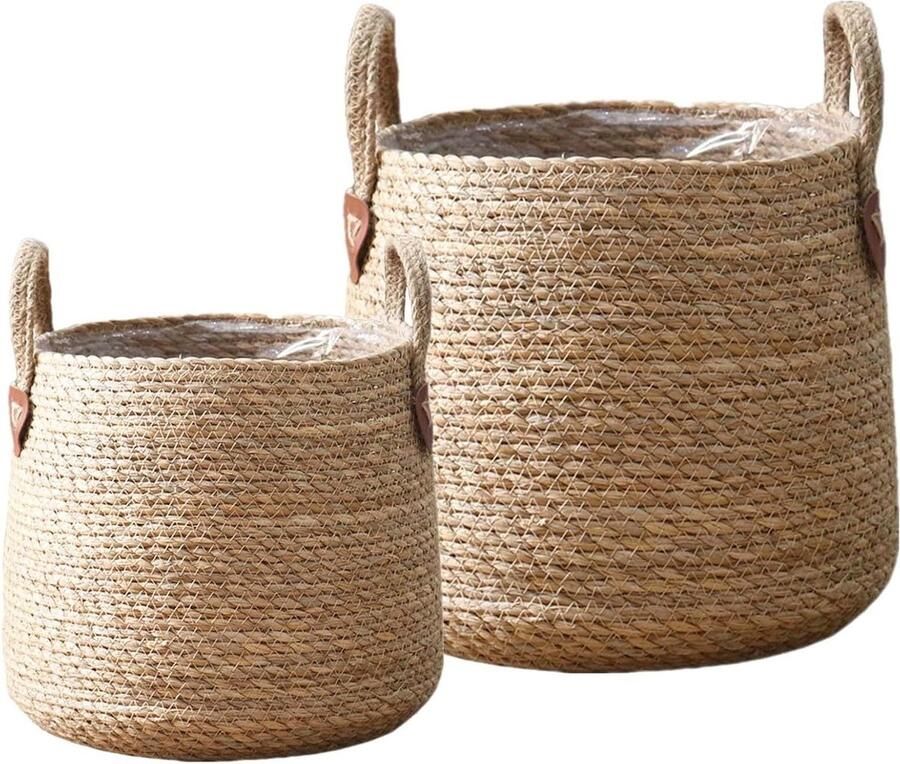 Gevlochten bloemmand set van 2 van zeegras mand voor kamerplanten met waterdichte kunststof voering Handgeweven bloempotten met handgrepen en opbergmand Diameter 22 cm en 28 cm