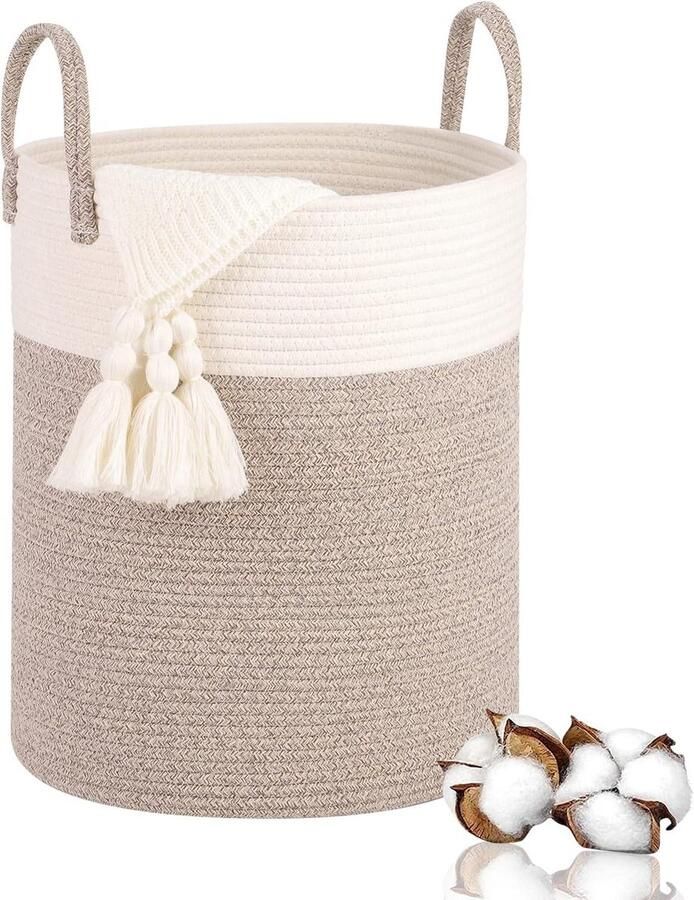 Gevlochten katoenen wasmand 53L met handvat Opbergmand voor speelgoed Voor wasruimte kinderkamer woonkamer badkamer 46 x 38 cm