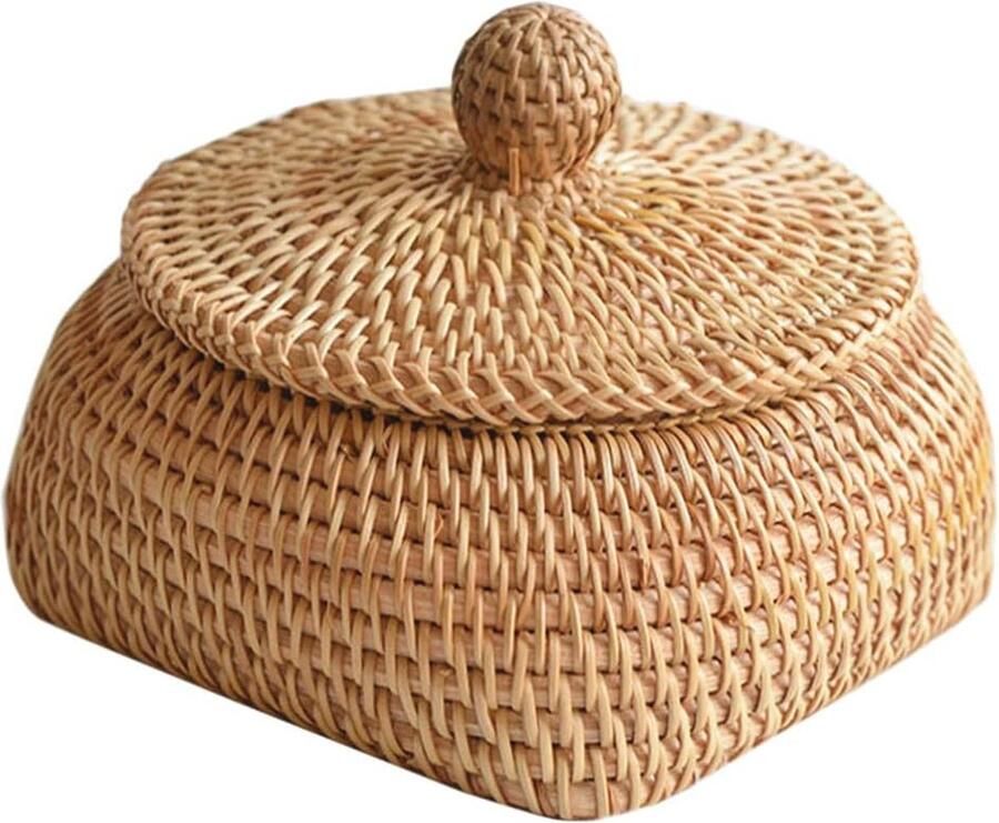 Gevlochten Rotan Mand met Deksel Opbergmand voor Desk Woonkamer Badkamer en Fruit