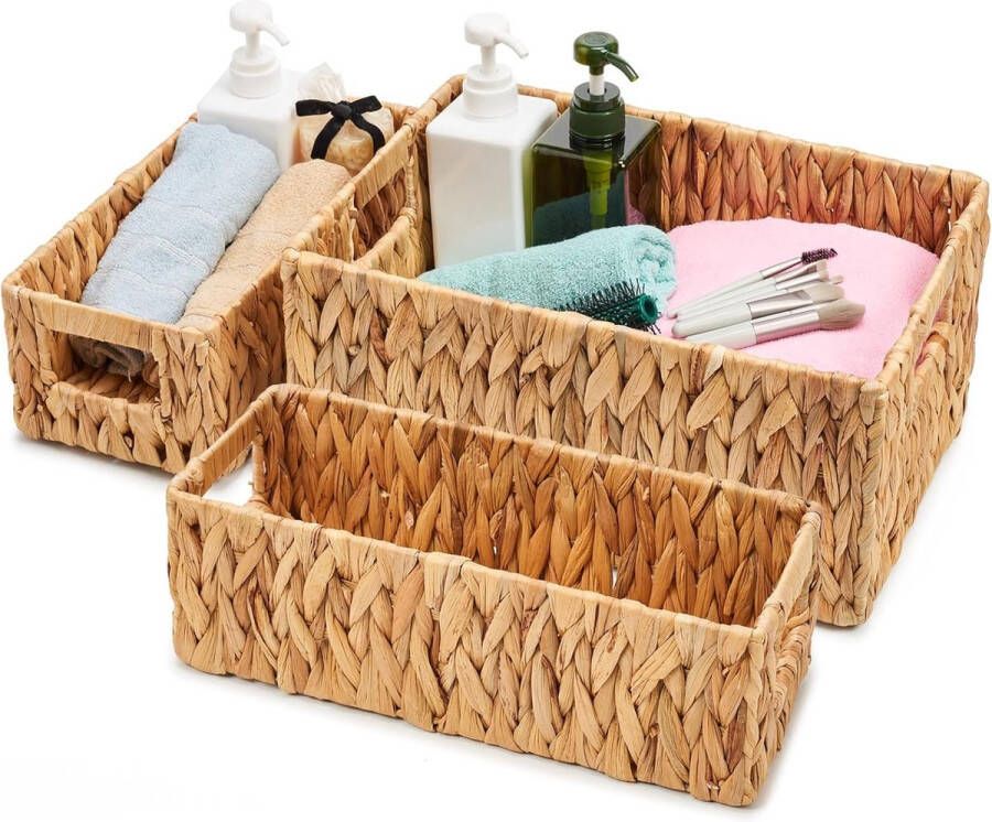 Gevlochten waterhyacintmand set van 3 rechthoekig natuurlijke opbergmand opbergcontainer met handvat ideaal voor babykamer speelgoed kleding 2 maten