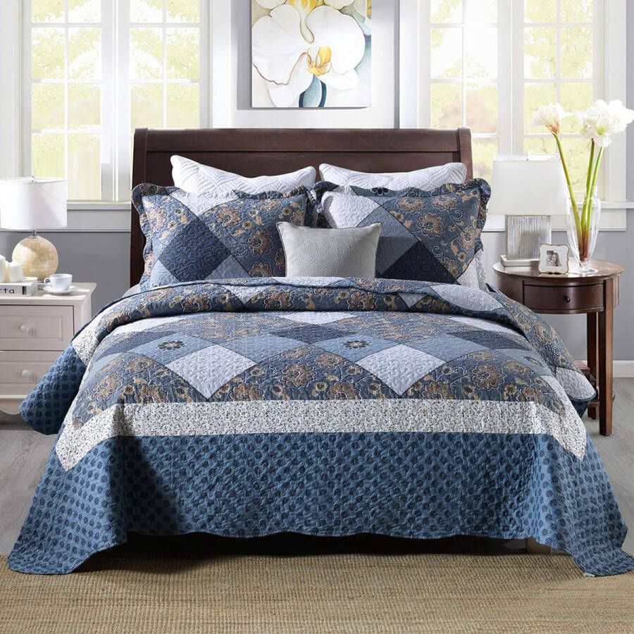 Gewatteerde beddensprei 220 x 240 cm voor bed patchwork bedsprei gemaakt van microvezel dunne winterdeken omkeerbaar ontwerp blauw met bloemenpatroon