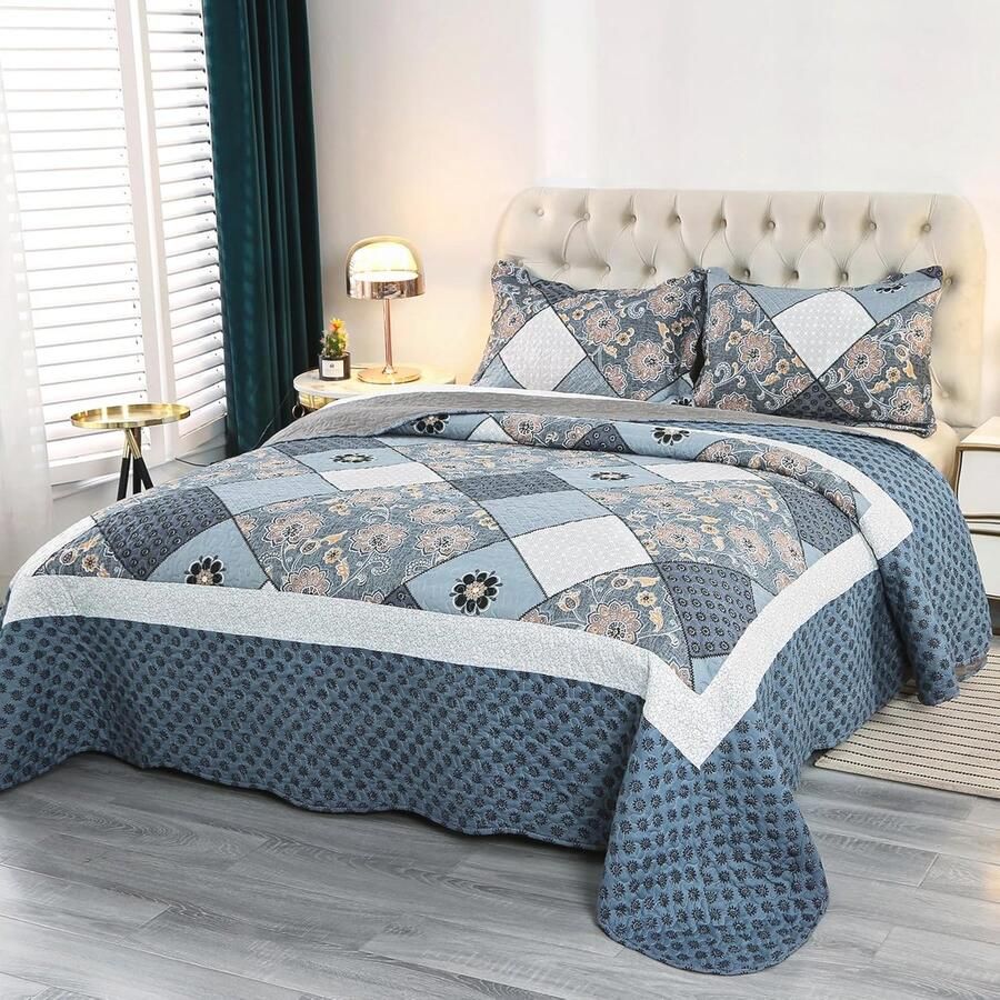Gewatteerde sprei voor tweepersoonsbed Luxe patchwork dekbed in blauw (240 x 260 cm + 2 kussenslopen 50 x 90 cm)