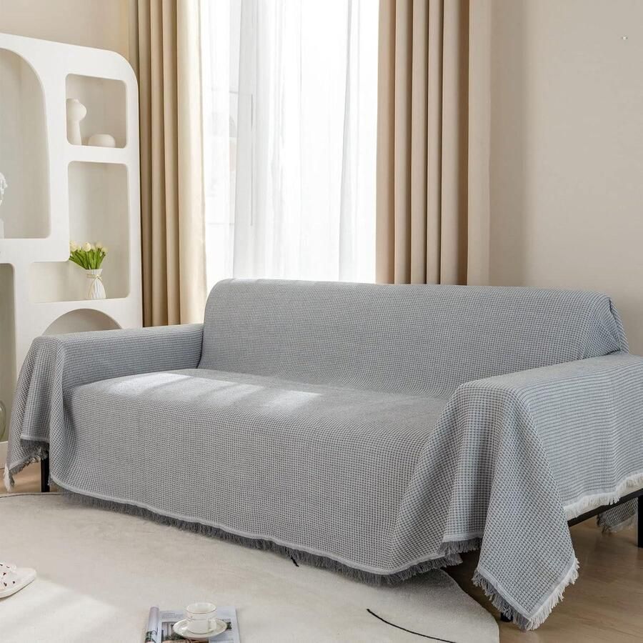 Geweven bank gooi deken met kwastjes 180x230cm lichtgrijs voor 2- of 3-zits bank Love Seat dubbel bed