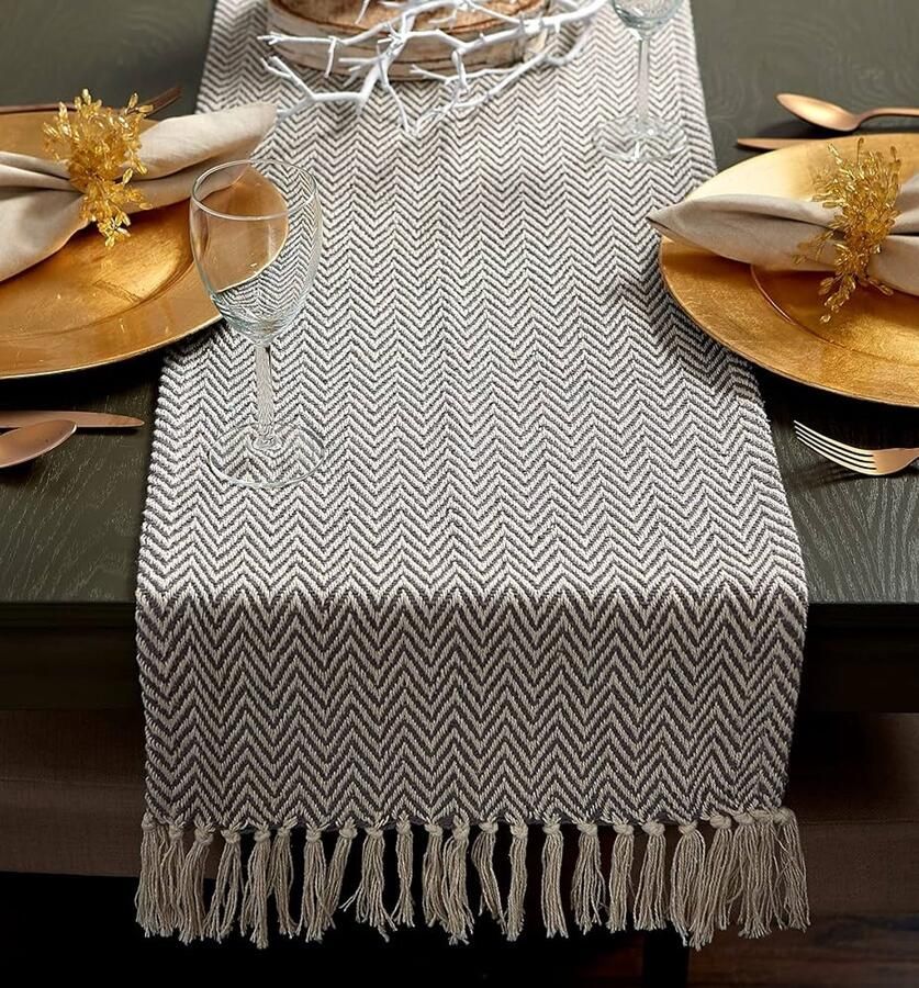 Geweven Basic Tafelblad Collectie Chevron Tafelloper 1 stuk Grijs Katoen 15x108