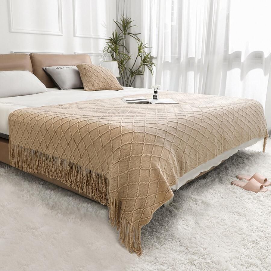 Geweven deken met kwastjes Gebreide decoratieve deken met kwastjes Geschikt voor bank stoel bed buiten Zacht warm comfortabel lichtgewicht Geschikt voor alle seizoenen (127cmX200cm) Khaki - Foto 2