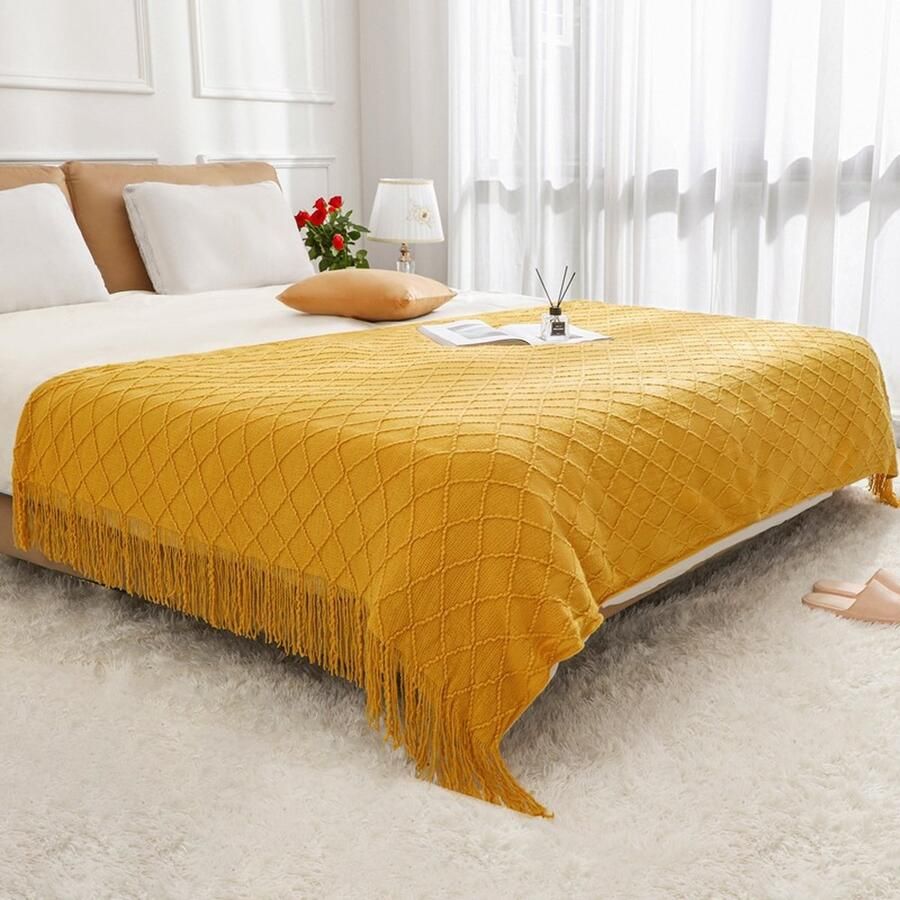 Geweven deken met kwastjes Gebreide decoratieve deken met kwastjes Geschikt voor bank stoel bed buiten Zacht warm comfortabel lichtgewicht Geschikt voor alle seizoenen (127cmX200cm) Khaki